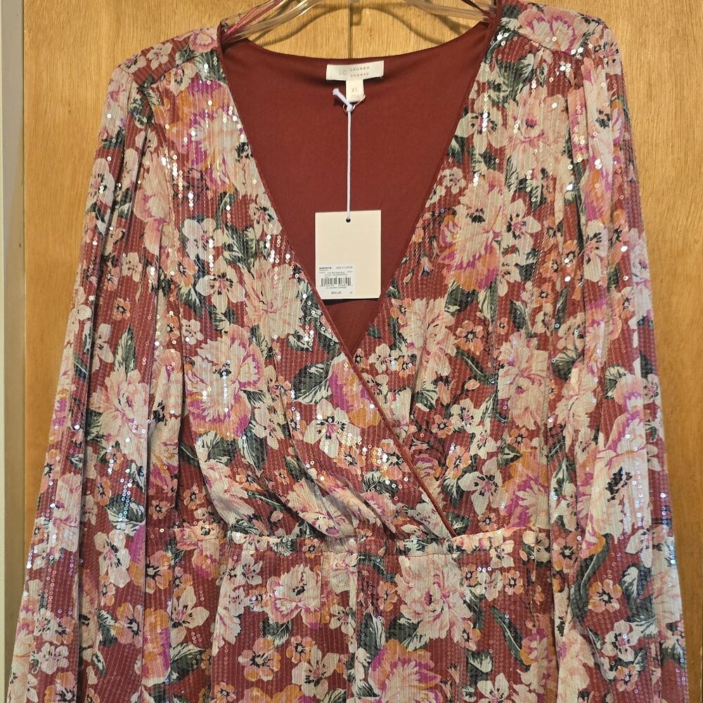 NWT Lauren Conrad Sequined Double Layer Floral Romantic Blouse - XL